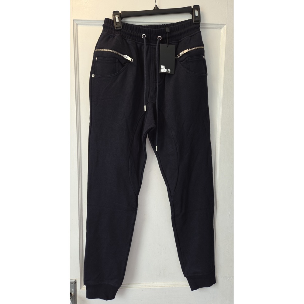 NWT The Kooples Mens Navy Heavy Cotton Moto Joggers. Silver Zipper Skulls. Small